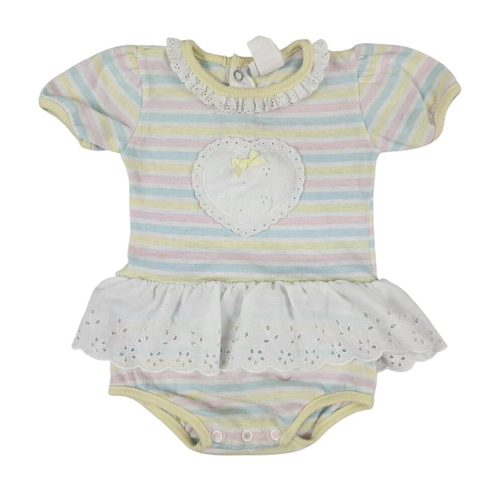 Buster Brown 12M Vintage 90s Pastel Stripe Eyelet Heart Bubble Romper Dress